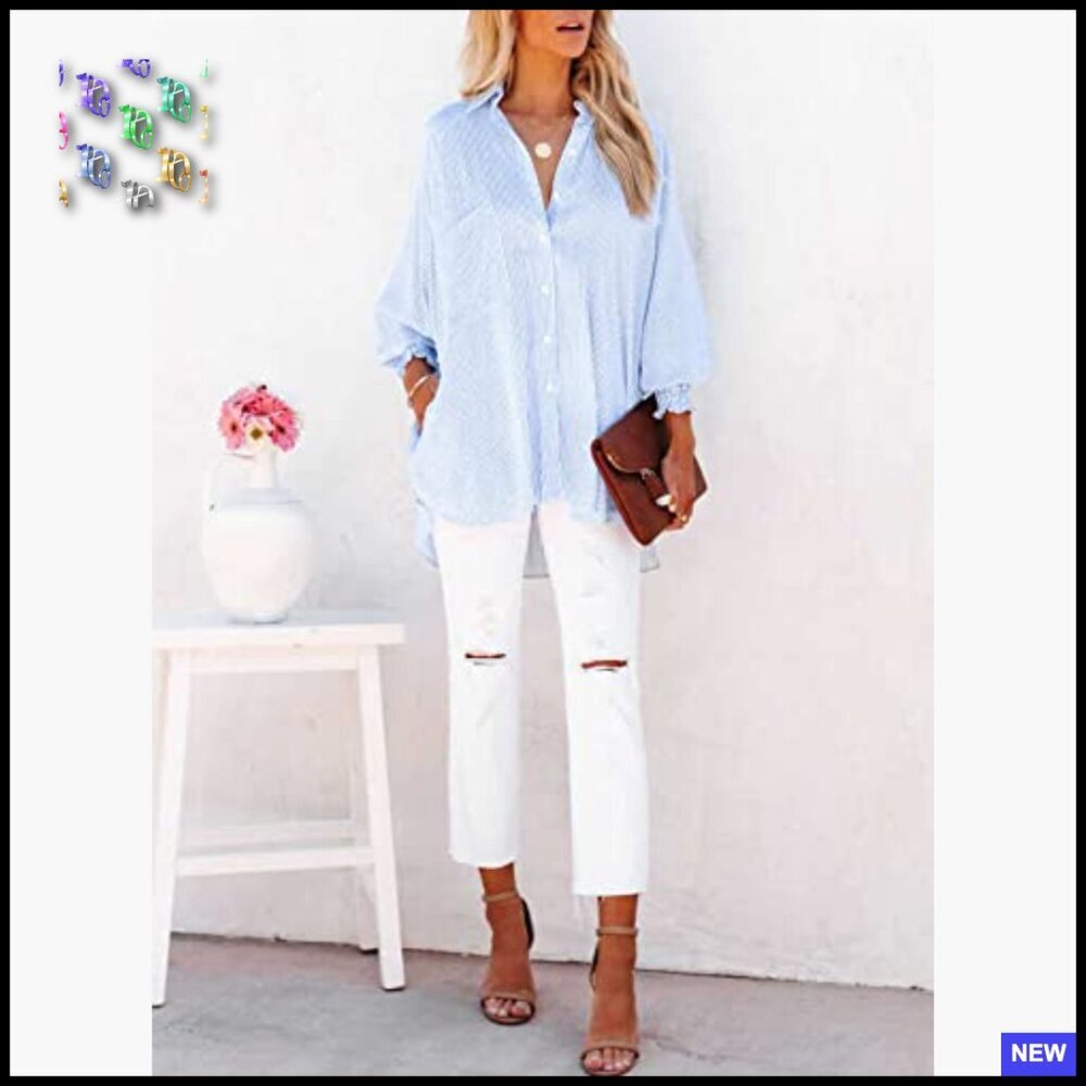 Oversized Striped Button Down Blouse Smocked Cuffs Casual Chic Y2K Style - Picture 4 of 7